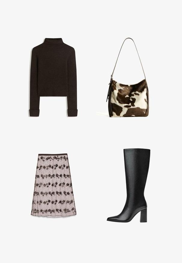 Brauner gerippter Rollkragenpullover mit langen Ärmeln und umgeschlagenen Bündchen; aus strukturiertem Stoff; cropped Schnitt.; Spitzen-Midi-Rock in hellrosa mit floralen Mustern in Dunkelbraun und Bronze, verziert mit Pailletten und einem glatten Bund.; Schwarze kniehohe Stiefel aus Kunstleder mit spitzer Zehe, glatter Oberfläche und blockartigem Absatz. Minimalistisches Design ohne sichtbare Akzente.; Braune und cremefarbene Kuhhaut-Umhängetasche mit einem glatten Ledertrageriemen, Reißverschluss und einer weichen, strukturierten Oberfläche mit einem natürlichen Muster.