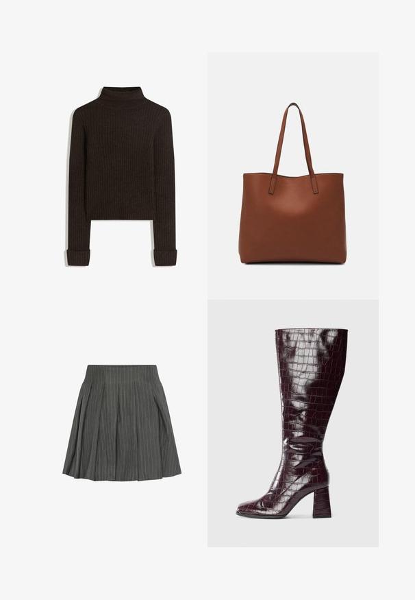 Brauner gerippter Rollkragenpullover mit langen Ärmeln und umgeschlagenen Bündchen; aus strukturiertem Stoff; cropped Schnitt.; Moves LUCILLE - Faltenrock - castlerock; Dunkelburgunderfarbene knielange Stiefel mit Krokodillederstruktur und Blockabsatz vor weißem Hintergrund, seitlich dargestellt.; Braune Leder-Tote mit glatter Textur, offenem Oberteil und zwei Schulterriemen. Verfügt über minimale Nähte und keine sichtbaren Beschläge.