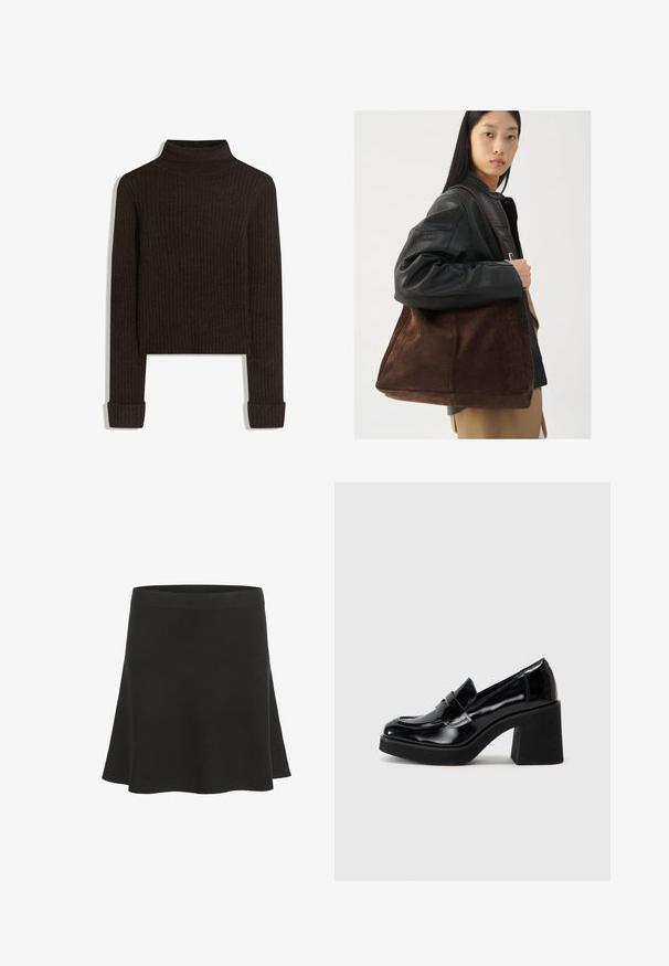 Brown ribbed turtleneck sweater with long sleeves and rolled cuffs; made of textured fabric; cropped length.; Black flared mini skirt made of soft material with a smooth texture and a wide waistband. Features a simple design without patterns or accents.; Black patent leather loafer with a chunky block heel, featuring a raised seam and bow accent on the front for added detail.; Brown suede tote bag with a wide shape and soft texture, featuring a single strap and minimal hardware against a neutral backdrop.