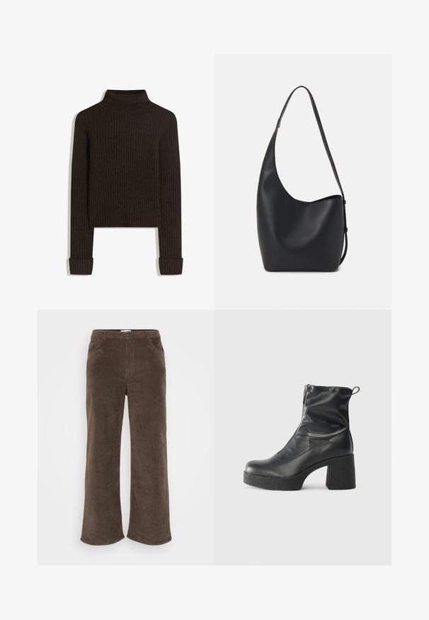 Barna bordás garbó pulóver hosszú ujjakkal és felgöngyölt mandzsettával; texturált anyagból készült; cropped hosszúságú.; Barna kordbársony nadrág széles lábakkal, gombos záródással, övbujtokkal és elülső zsebekkel. Puha tapintású és bordázott anyag.; Fekete bokacsizmák sima bőrből, oldalsó cipzárral, vastag, texturált sarkú és lekerekített orrú dizájnnal.; Fekete bőr hobo táska sima textúrával, ívelt formával és egyetlen állítható pánttal; széles nyílás található a tetején.