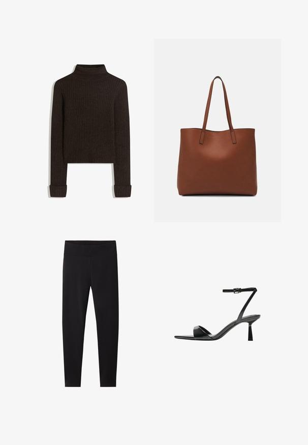 Brauner gerippter Rollkragenpullover mit langen Ärmeln und umgeschlagenen Bündchen; aus strukturiertem Stoff; cropped Schnitt.; Schwarze Leggings mit einem dicken, elastischen Bund. Hergestellt aus einem glatten, dehnbaren Material, angepasst für eine enganliegende Silhouette und ohne sichtbare Muster.; Bershka High Heel Sandalette - black; Braune Leder-Tote mit glatter Textur, offenem Oberteil und zwei Schulterriemen. Verfügt über minimale Nähte und keine sichtbaren Beschläge.
