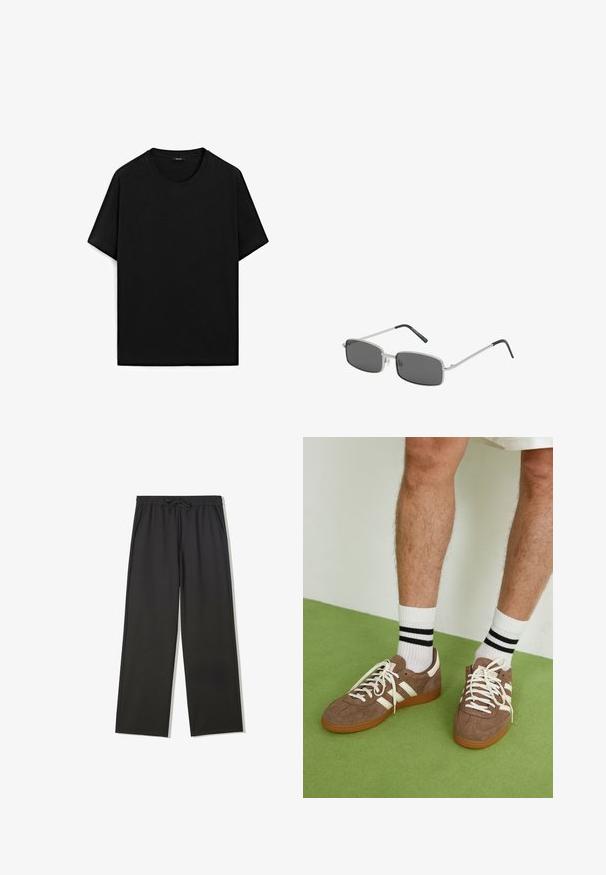 Maglione beige lavorato a maglia con scollatura arrotondata, maniche lunghe, polsini e orlo a costine, caratterizzato da una sottile trama e un materiale leggero.; T-shirt nera a manica corta in cotone con collo rotondo, caratterizzata da una texture liscia e un design semplice. Nessun marchio visibile.; Pantaloni con vita elastica nera, coulisse e tasche laterali, caratterizzati da una vestibilità comoda e gambe dritte.; Sneaker in suede marrone con dettagli e lacci bianchi. Suola in gomma color gomma. Indossati con calzini bianchi con righe nere. Pavimento verde texturizzato.; Occhiali da sole a forma rettangolare con lenti grigio scuro, sottile montatura in metallo argentato e punte delle tempie rivestite in gomma nera. Design minimalista.; Zaino nero con materiale liscio e opaco, forma arrotondata, tasca frontale con zip e maniglia superiore per il trasporto. Design minimalista.; Orologio analogico nero con cassa rotonda in acciaio inossidabile, cinturino in pelle nera con texture e quadrante nero con lancette e indicatori delle ore/minuti in argento.