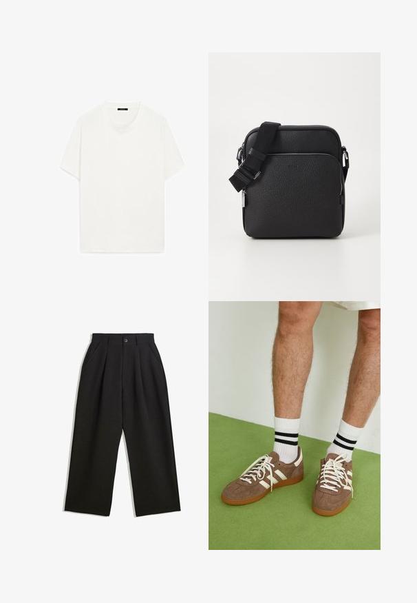 Beige stickad tröja med rundad halsringning, långa ärmar, ribbade muddvar och nederkant, med en subtil struktur och lätt material.; Vit kortärmad t-shirt, rundad hals, mjuk textur, rak skärning, minimal design, inga synliga mönster eller detaljer.; Svarta byxor med avslappnad passform, utrustade med veck fram, sidofickor och knappstängning. Tillverkade av strukturerad tyg.; Bruna mockaskor med vita detaljer och snören. Gummisula i beige. Bärs med vita strumpor med svarta ränder. Grön strukturerad golvyta.; Svart läder crossbody-väska med en texturerad yta, utrustad med en framficka med dragkedja, justerbar rem och metalliska detaljaccent.