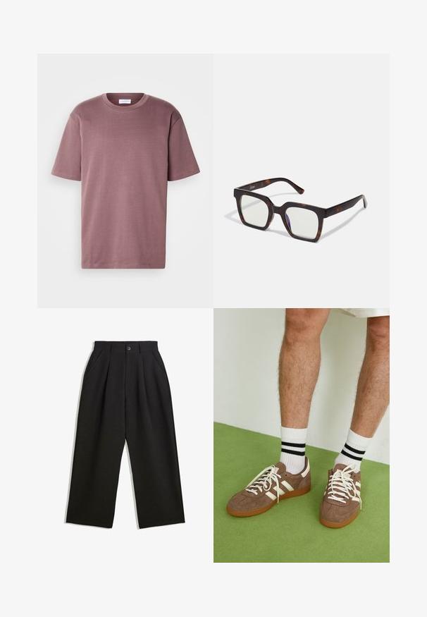 Beige pletený svetr s kulatým výstřihem, dlouhými rukávy, žebrovanými manžetami a lemem, s jemnou texturou a lehkým materiálem.; Krátký rukáv tričko v odstínu mauve, vyrobené z měkké bavlny. Má kulatý výstřih a volný střih. Hladký povrch, minimální detaily.; Černé kalhoty s uvolněným střihem, s průhyby v přední části, bočními kapsami a zapínáním na knoflík. Vyrobené z texturované látky.; Hnědé semišové tenisky s bílými akcenty a tkaničkami. Gumová podrážka. Nošeny s bílými ponožkami s černými pruhy. Zelená strukturovaná podlaha.; Čtvercové sluneční brýle s acetátovým rámem v želvovinovém vzoru a průhlednými skly. Mají široké stranice a matný povrch, což zvyšuje celkovou odolnost.; Hnědá kožená cestovní taška s uzávěrem na zip, dvojitými uchy, nastavitelným ramenním popruhem a viditelnými textura vzory na povrchu.