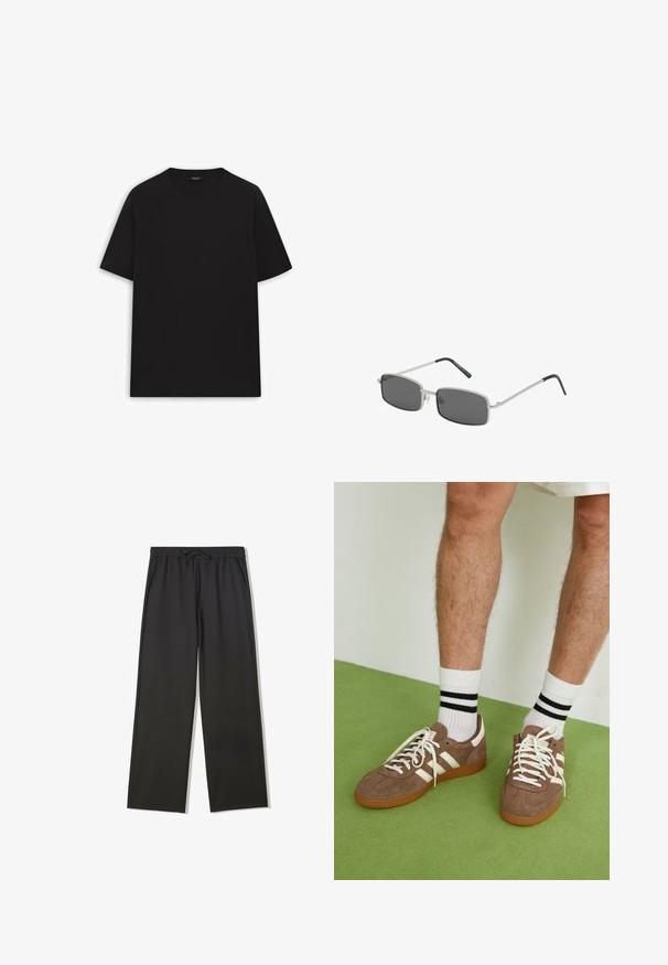 Beige gebreide trui met een ronde hals, lange mouwen, geribde manchetten en zoom, met een subtiele textuur en lichtgewicht materiaal.; Zwarte katoenen t-shirt met korte mouwen, ronde halslijn en een effen textuur. Geen zichtbare patronen of hardware details.; Zwarte broek met elastische taille, trekkoord en zijzakken, voorzien van een losse pasvorm en rechte pijpen.; Bruine suède sneakers met witte accenten en veters. Rubberen gumzool. Draag met witte sokken met zwarte strepen. Groene gestructureerde vloer.; Rechthoekige zonnebril met donkergrijze lenzen, dunne zilveren metalen montuur en zwart rubberen uiteinden van de oorstukken. Minimalistisch ontwerp.; Zwarte rugzak van een gladde, matte stof, met een ronde vorm, een voorvak met rits en een handvat aan de bovenkant om te dragen. Minimalistisch ontwerp.; Zwarte analoge horloge met een ronde behuizing van roestvrij staal, een gestructureerde zwarte leren band en een zwarte wijzerplaat met zilveren uur-/minuutwijzers en markeringen.