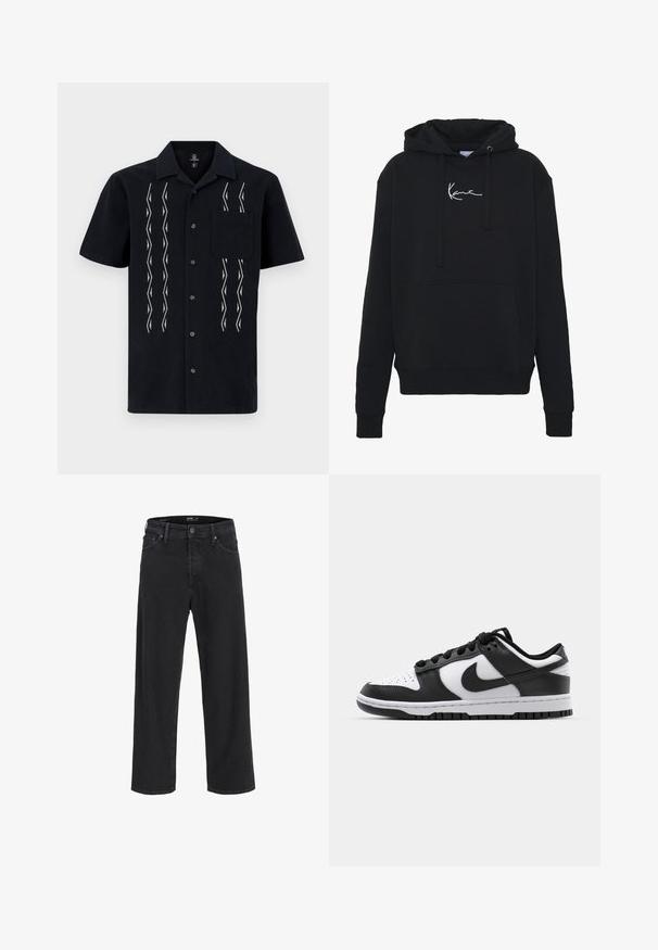 Juodas gobtuvas, pagamintas iš minkštos medžiagos, su priekinėmis kišenėmis, raišteliais ir balta logotipo siuvinėjimu ant krūtinės. Klasikinis fasonas ir raštuoti rankogaliai.; Juodas trumpomis rankovėmis marškinėliai, pagaminti iš audinio, su baltais zigzagų raštais, penki mygtukai priekyje ir krūtinės kišenė.; Juodos tiesios kojų džinsinės kelnės su mygtuku ir užtrauktuku, diržo kilpos, taip pat priekinės ir galinės kišenės.; Juoda ir balta Nike Dunk sportbačiai, turintys odinį viršutinį sluoksnį, perforuotą nykštyje, juodas raišteles ir juodą guminį pado su reljefu.