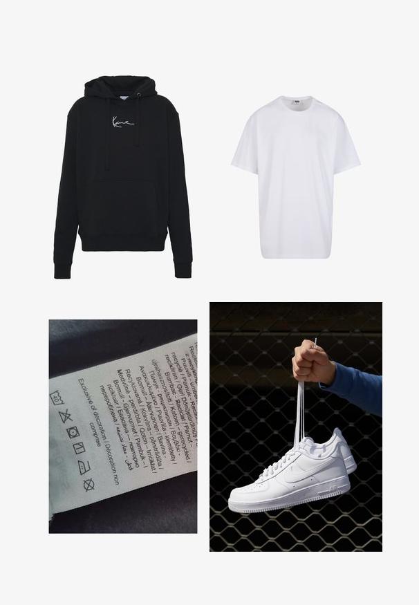 Musta huppari pehmest kangast, millel on eesmine tasku, nöörid ja valge logo tikand rinnal. Klassikaline lõige ja soonikkoes varrukad.; Valge puuvillane t-särk lühikeste varrukatega, ümmarguse kaelusega, lõdva lõikega ja ilma nähtavate logodeta või mustriteta. Sile tekstuur ja minimaalne disain.; Sildi silt, millel on mitmekeelsed tekstid, hooldusmärgid ja ringlussevõtuikoonid, trükitud pehme kangalaadsele materjalile heledates toonides.; Valged nahast tennisetossud, millel on perforatsioonid, ümar nina, lame tallus ja paksud nöörid, nähtava swooshi logoga ja "AIR" kontsadel.