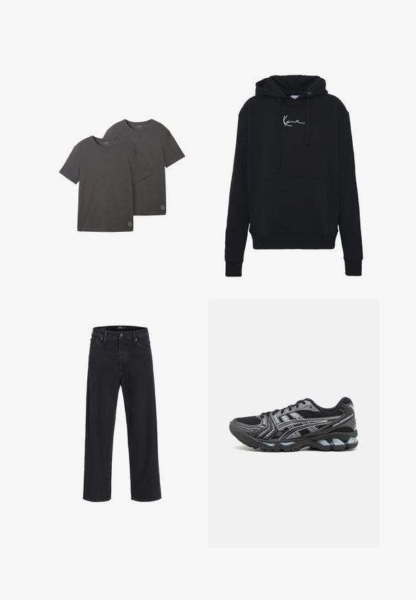 Juodas gobtuvas, pagamintas iš minkštos medžiagos, su priekinėmis kišenėmis, raišteliais ir balta logotipo siuvinėjimu ant krūtinės. Klasikinis fasonas ir raštuoti rankogaliai.; Du kelniai rankovėmis marškiniai anglies pilkos spalvos, pagaminti iš švelnios medvilnės mišinio, su apvalia iškirpte ir mažu logotipu apačioje.; Juodos tiesios kojų džinsinės kelnės su mygtuku ir užtrauktuku, diržo kilpos, taip pat priekinės ir galinės kišenės.; Juodas sportinis batas su tinkliniu viršumi, sidabriniais akcentais ir paminkštintu pado. Turi raišteliais užsegamą konstrukciją ir tekstūruotą protektorių geresniam sukibimui.