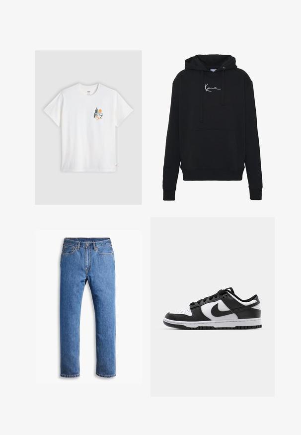 Črna kapuca iz mehkega blaga, z sprednjim žepom, vrvicami in belim vezenjem logotipa na prsih. Klasičen kroj in rebrasti manšeti.; Levi's® RELAXED FIT TEE - Potiskana majica - bright white; Modri traper hlače s ravnim krojem, ki imajo pet žepov, zapiranje na gumb in oranžne šive na čisti beli podlagi.; Črno-bele Nike Dunk teniske z usnjenim zgornjim delom, perforiranim prstom, črnimi vezalkami in črnim gumijastim podplatom s profilom.