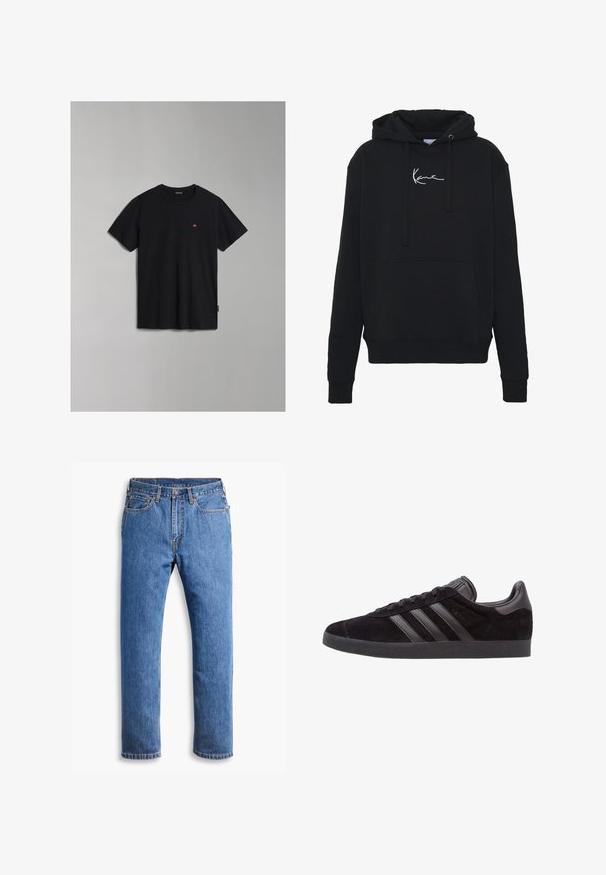 Fekete kapucnis pulóver puha anyagból, elülső zsebbel, húzózsinórral és fehér logóhímzéssel a mellkason. Klasszikus szabású és bordázott mandzsettával.; Fekete pamut póló kerek nyakkal és rövid ujjakkal. Kis logó részlet található a mellkason és egy oldalcímke. Sima textúra.; Kék farmernadrág egyenes szabással, öt zsebbel, gombos záródással és narancssárga varrási részletekkel, tiszta fehér háttér előtt.; Fekete velúr sportcipők, textúrált gumitalppal, három fekete bőrcsíkkal, lekerekített orral és párnázott bokakollárral.