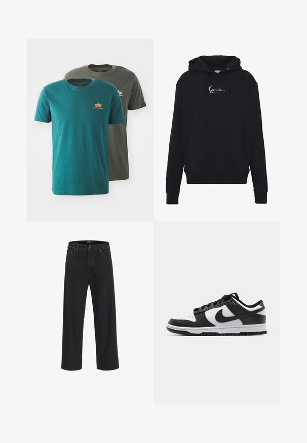 Černá mikina s kapucí vyrobená z měkké tkaniny, s přední kapsou, šňůrkami na stažení a bílou výšivkou loga na prsou. Klasický střih a pletené manžety.; Dvě trička s krátkým rukávem: jedno tyrkysové s oranžovým logem, druhé olivově zelené s bílým logem. Obě mají standardní kulatý výstřih a měkkou látku.; Černé džíny rovného střihu z denimu s knoflíkovým a zipovým zapínáním, poutky na opasek a předními i zadními kapsami.; Černobílé tenisky Nike Dunk s koženým svrškem, perforovanou špičkou, černými tkaničkami a černou gumovou podrážkou s dezénem.