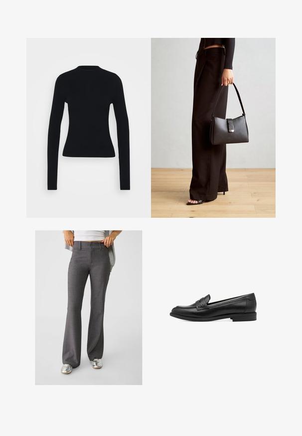 Zwarte geribbelde langslijf top met een aansluitende silhouet, hoge halslijn en gladde textuur, met smalle mouwen en geen zichtbare hardware.; Grijze flared broek van gestructureerde stof, met een dubbele knoopsluiting en riemlussen, gecombineerd met glanzende zilveren sneakers.; Zwarte leren instapper met een gladde textuur, voorzien van een gevlochten accent over de bovenkant en een lage, ronde hak. Eenvoudig ontwerp en vorm.; Zwarte handtas met gestructureerde vorm, gladde textuur en een metalen sluiting. Gecombineerd met brede zwarte broeken en sandalen met open teen op een houten vloer.
