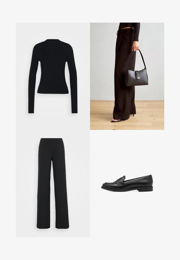Svart, ribbestrikket langermet topp med en kroppsnær silhuett, høy hals og glatt tekstur, med smale ermer og ingen synlig detaljer.; Vero Moda Tall VMBERLIN MY WIDE - Bukse - obsidian/oatmeal; Svart lær loafer med en glatt tekstur, med et vevet detaljer over overdelen og en lav, rund hæl. Enkel design og form.; Svart håndveske med strukturert form, jevn tekstur og metallisk lås. Kombinert med brede svarte bukser og sandaler med åpen tå på tregulv.