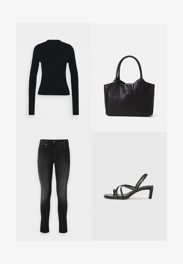 Juoda raukšlėta ilgomis rankovėmis viršutinė su prigludusia siluetu, aukšta apykakle ir sklandžiu tekstūru, su siaurais rankovėmis ir nematomu užsegimu.; Juodos lieknos džinsinės kelnės. Savybės: sagtys uždarymas, diržo kilpos ir priekiniai kišeniai. Lygi tekstūra su lengvu nusiblukimu.; Juodi šlepetės su kvadratiniu pirštu ir žemu bloku kulnu. Yra keli ploni dirželiai ir reguliuojamas kulkšnies diržas. Pagaminti iš lygios odos.; Juodas odinis nešiojamas krepšys su lygiu paviršiumi, struktūrine forma, dviem rankenėlėmis ir ryškiu sidabriniu sagties akcentu priekyje.; Sidabrinis dvigubas žiedas su lygiu, poliruotu paviršiumi. Pasižymi sklandžiu, kreiptu dizainu su persipinančiomis dalimis, suteikiančiomis modernų išvaizdą.