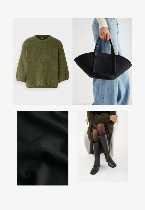 Olijfgroene gebreide trui met een ronde halslijn, ballonnenmouwen en een licht verkorte zoom. Zachte textuur met een geribbelde structuur.; Zwarte katoenen stof met een gladde textuur, die lichte rimpels en subtiele breipatronen vertoont. Het materiaal biedt een zachte, flexibele val.; Knieschijf hoge zwarte leren laarzen met een vierkante neus en blokhak, getoond met een model dat zit in een olijfgroene jas. Gladde textuur, minimale details.; Zwarte leren handtas met een unieke waaier vorm, voorzien van platte handvatten. Het oppervlak heeft een gewelfde textuur en een minimalistisch ontwerp.