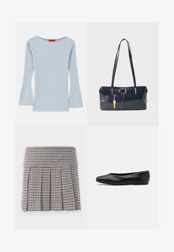 Light blue, ribbed knit top with a boat neckline and flared sleeves. Features a subtle texture and an inner yellow accent at the collar.; Pleated skirt in a brown, beige, and blue check pattern. Made of a textured fabric with a fitted waistband and decorative pleats.; Paul Smith TOPANGA - Ballet pumps - black; Navy leather handbag with two long handles, a buckle detail, and a keychain attached. Features a smooth texture and a rectangular shape.