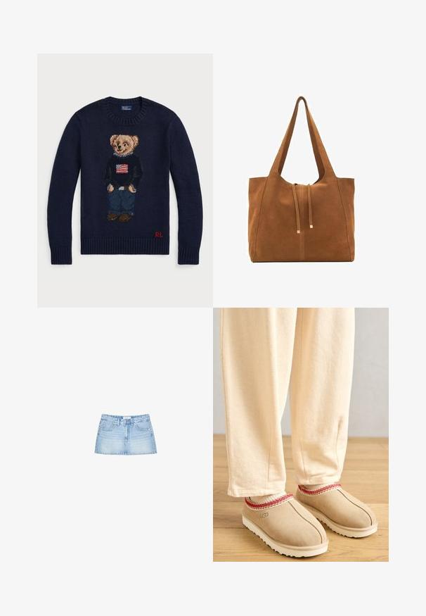 Mörkblått stickat tröja med en broderad teddy-björnsdesign som bär en flagga, denimblå jeans och bruna skor. Röd logotyp vid fållen.; Denim minikjol i ljusblått, med rak passform, fem fickor och knappstängning fram med bälteshällor. Slät yta.; Bruna mockakläder med röd dekorativ kant och vit gummisula, kombinerade med ljusbeige byxor, placerade på ett trägolv.; Brun mockaläders toteväska med två långa remmar, dragsko-stängning och minimalistisk design. Slät textur och inga synliga metallaccenter.