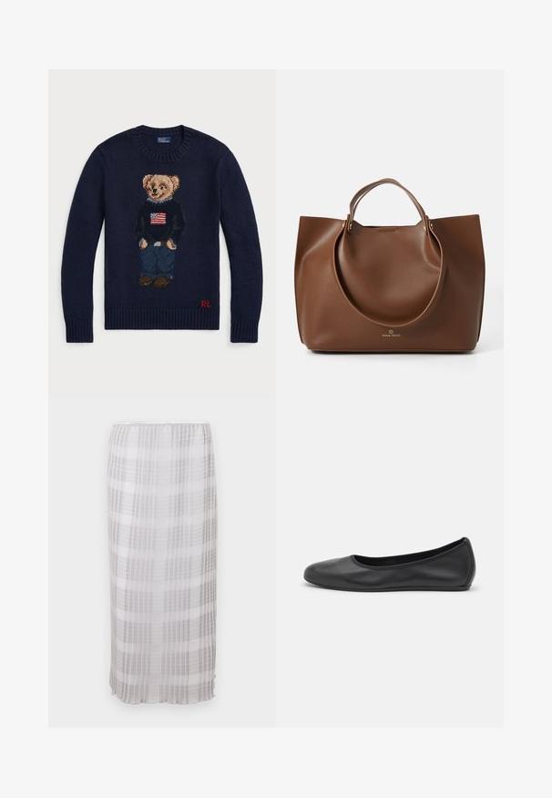 Jūros spalvos mezginiu puloveris su siuvinėtu teddy bear dizainu ir vėliava, džinsinio mėlynumo džinsai ir rudi batai. Raudona logotipas ant apvado.; Ilga, permatoma balta sijonas su pilku langelių raštu. Minkšta, lengva medžiaga su elastiniu juosmeniu, baigiasi kulkšnies ilgiu.; Juodai odiniai baletai su apvaliu pirštu, lygi texture, minimalus siuvimo detales ir lanksčiu padų dizainu.; Ruda odinė rankinė su lygiu paviršiumi, dideliais apvaliais rankenomis, minimalistinio dizaino, su logotipu išspaustu apačioje.