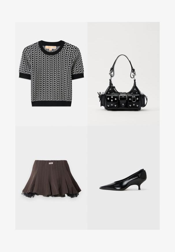 Pull noir à manches courtes avec un motif de flèche tissé en blanc. Col et poignets côtelés, coupe ajustée et texture douce.; Jupe plissée marron en tissu texturé, avec un ourlet en tulle noir superposé et une petite étiquette de logo à la taille.; Escarpin en cuir noir avec un bout pointu, un talon bas, un design épuré et une texture lisse. Présente un style à enfiler sans visserie visible.; Sac à main en cuir noir au design courbé, avec des clous en argent, une boucle et deux poches latérales. Bandoulière réglable pour différentes options de transport.