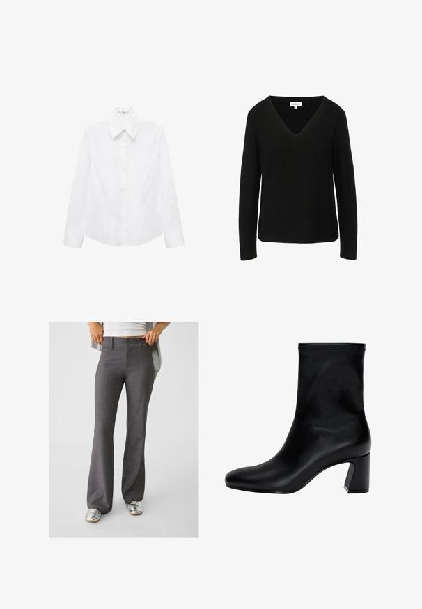 Crna dugog rukava majica s V-izrezom, izrađena od teksturirane pletene tkanine. Ima ravni rub i diskretni brend etiketu.; Bijela košulja dugih rukava od glatkog materijala, s oštrim ovratnikom, zatvaranjem na gumbe sprijeda i zaobljenim rubom s bočnim prorezima.; Sive široke hlače od teksturirane tkanine, s dvokrevetnim zatvaračem i petljama za remen, uparenih s sjajnim srebrnim tenisicama.; Crne gležnjače od glatke kože. Imaju kvadratni vrh, elastični gornji dio i masivnu petu za stabilnost. Minimalistički dizajn.