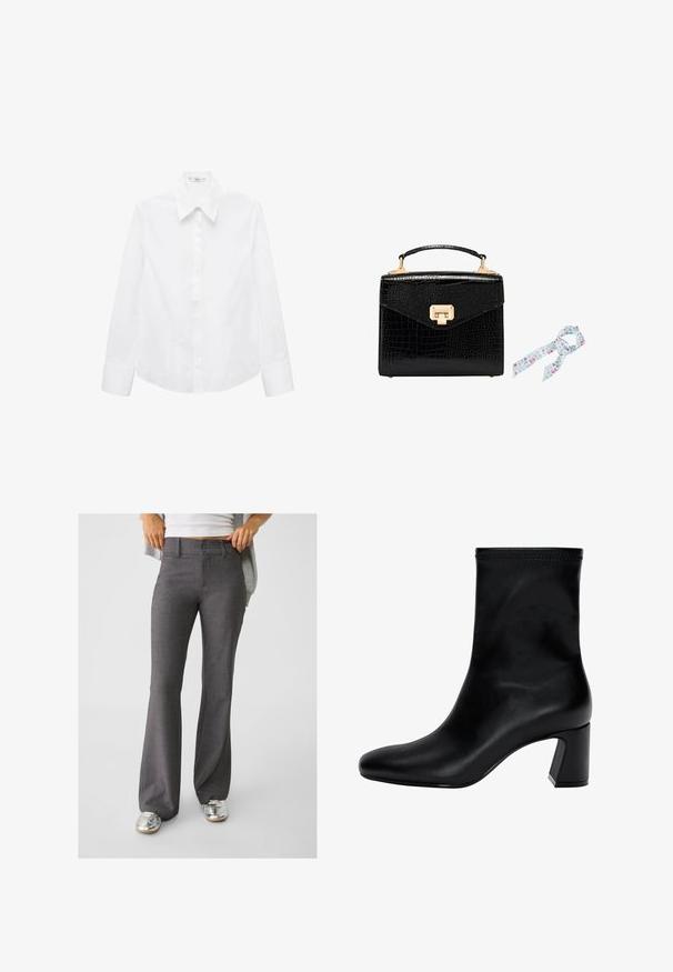 Zwarte lange mouwen trui met een V-hals ontwerp, gemaakt van een textuur gebreid stof. Heeft een recht gesneden zoom en een subtiel merkembleem.; Witte blouse met lange mouwen van gladde stof, met een puntkraag, knoopsluiting aan de voorkant en een ronde zoom met zijslits.; Grijze flared broek van gestructureerde stof, met een dubbele knoopsluiting en riemlussen, gecombineerd met glanzende zilveren sneakers.; Zwarte enkellaars van soepel leer. Heeft een vierkante neus, een elastische bovenkant en een chunky hak voor stabiliteit. Minimalistisch ontwerp.; Zwarte handtas van krokodillenleder met gouden hardware, rechte vorm, bovenhandgreep en een lichtblauwe decoratieve sjaal met bloemenpatronen.