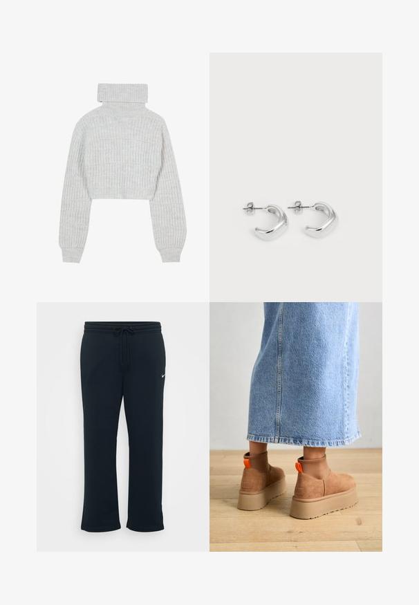 Sweater de malha cinza claro, cropped, com um alto gola alta, mangas largas e padrão texturizado em canelado. Material suave com um ajuste ligeiramente solto.; Sweatpants pretos com uma cintura elástica e cordão ajustável. Apresenta um pequeno logótipo da Nike em branco no lado esquerdo. Textura de tecido suave.; Botas plataforma em camurça castanha com painéis laterais elásticos e puxadores laranja, combinadas com uma saia de ganga clara até ao joelho, em um chão de madeira.; Brincos de argola de prata com um acabamento liso e polido. Forma redonda com um design ligeiramente curvado e bordas suavizadas. Fecho de pino.