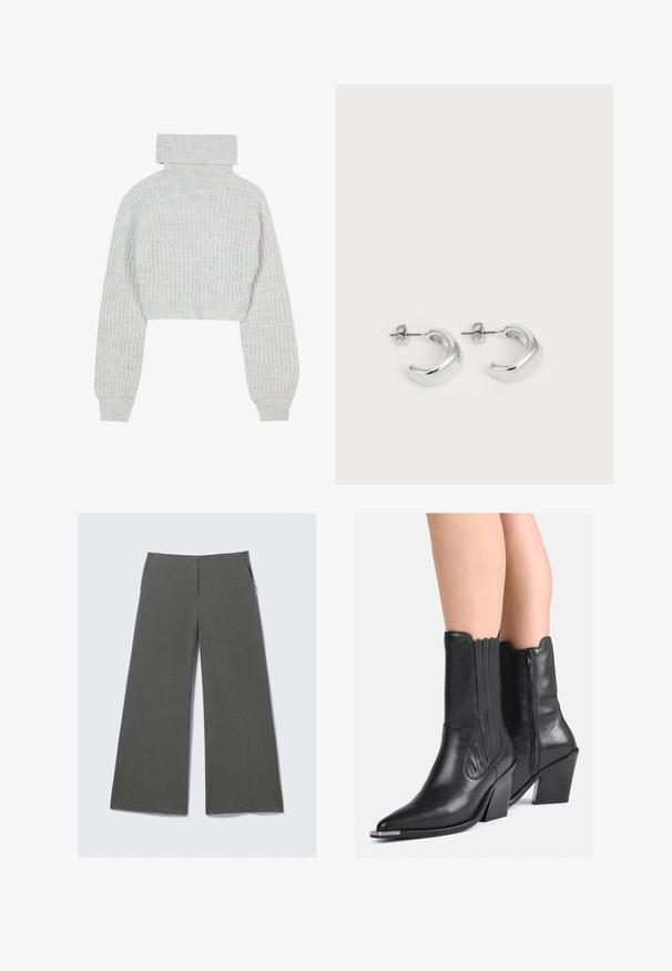 Světle šedý zkrácený pletený svetr s vysokým rolákem, širokými rukávy a texturovaným žebrovaným vzorem. Měkký materiál s mírně volným střihem.; Šedé kalhoty s širokými nohavicemi a jemným proužkovým vzorem, obsahující dvě boční kapsy a hladký pas.; Černé kožené kozačky do půli lýtek s špičatou špičkou, vrstvenými podpatky, bočním zipem a dekorativním prošíváním nošené na holých nohách.; Stříbrné kruhové náušnice s hladkým, leštěným povrchem. Kulatý tvar s mírně zakřiveným designem a spojenými okraji. Uzávěr na kolík.