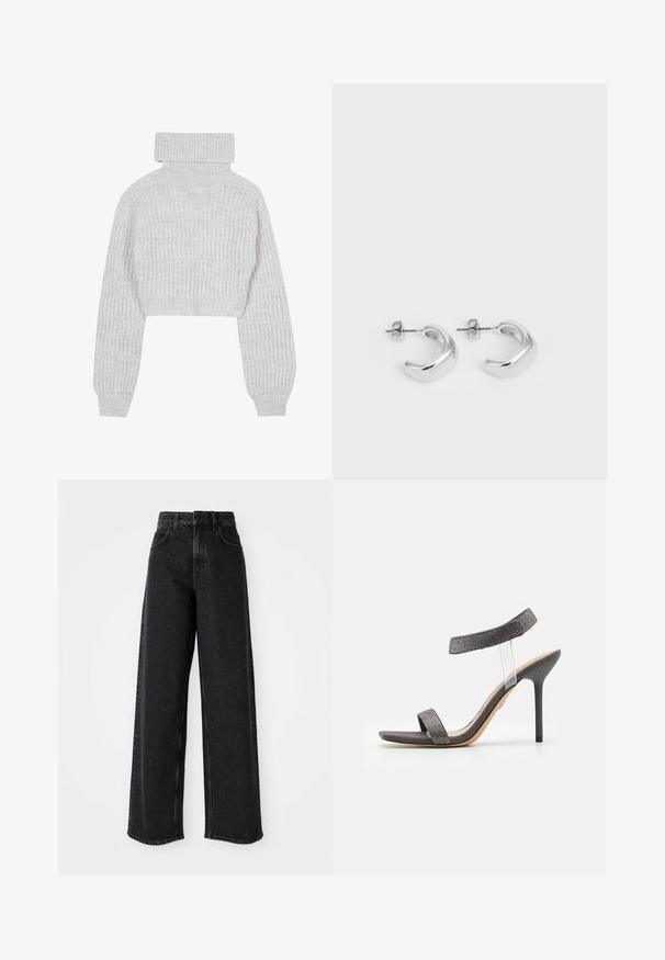 Suéter de punto gris claro, recortado, con cuello alto tipo tortuga, mangas anchas y un patrón ribeteado texturizado. Material suave con un ajuste ligeramente holgado.; Jeans negros de tiro alto y pierna ancha, fabricados en denim, con un clásico diseño de cinco bolsillos y detalles de costura sutiles.; Sandal de tacón negro con una correa transparente, parte superior texturizada y tacón de aguja delgado. Presenta una banda frontal ancha y detalles brillantes.; Pendientes de aro de plata con un acabado suave y pulido. Forma redonda con un diseño ligeramente curvado y bordes suaves. Cierre de pin.