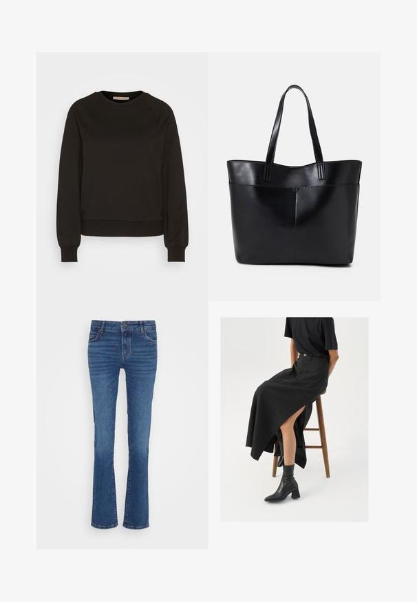 Sudadera negra con cuello redondo, mangas largas raglán, puños elásticos y dobladillo ajustado. Fabricada en tela suave, diseño minimalista.; Jeans de denim azul con un diseño de pierna recta, que presentan un ligero desgaste, un diseño de cinco bolsillos y un cierre de botón de metal en la cintura.; Falda maxi de lino negra con una abertura alta, combinada con una camiseta negra y botines negros. Diseño minimalista con un ajuste relajado.; Bolso tote de cuero negro con dos asas largas, textura suave y forma estructurada. Cuenta con un bolsillo frontal para almacenamiento adicional.; Pendientes de aro de plata con un acabado liso y pulido. Forma redonda y cierre de click seguro. Diseño ligero adecuado para el uso diario.