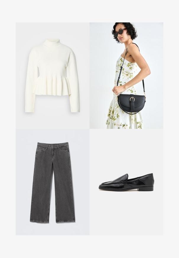 Valge pika varrukaga särk kõrge kaelusega ja peplum-äärisega. Pehme, tekstureeritud kangas sobiva bodici ja laieneva alumise osaga.; Halli laia säärega teksapüksid tekstuurse viimistlusega. Omavad viiepunktilist disaini ja vöökohas vööaasa.; Mustad nahast loafers, millel on sile pind, esiosal tikand ja madal, ruudukujuline konts.; Mustmust mustraha kõverate joontega, eemaldatava rihmaga ja kuldsete detailidega. Kotil on klapp, millel on pandladetail.