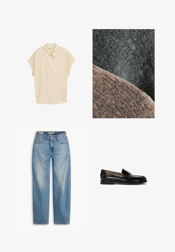 Teksturirani materijal u nijansama sive i smeđe boje, s glatkim zakrivljenjem i blago pjenastom površinom. Pozadina je tamnija, mat tekstura.; Košulja kratkih rukava s dugmadi u svijetloj bež boji. Ima klasičan kragna, meku teksturu i opušteni kroj. Dugmad su bijela. Jednostavan dizajn.; Svijetloplave traperice s labavim krojem, ravnim nogavicama, zatvaračem na gumbe i pet džepova, s diskretnim izblijedjelim i šivanim detaljima.; Crne kožne mokasine s okruglim vrhom, dizajnom za jednostavno oblačenje i suptilnim šavovima duž gornjeg dijela. Ravni gumeni đon.