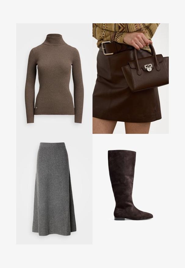 Brązowy sweter z golfem, prążkowany, z długimi rękawami i dopasowanym krojem. Posiada subtelną logo w pobliżu końca. Miękka tekstura, średnia grubość.; Lindex INA ciemnoszary; Brązowy zamszowy kozak do kolan o gładkiej fakturze, zaokrąglonym nosku i niskiej czarnej podeszwie. Prosty design bez zdobień.; Brązowa skórzana torebka o strukturalnym wykończeniu i srebrnym wykończeniu, trzymana w dłoni obok brązowej skórzanej spódnicy i wzorzystego swetra.