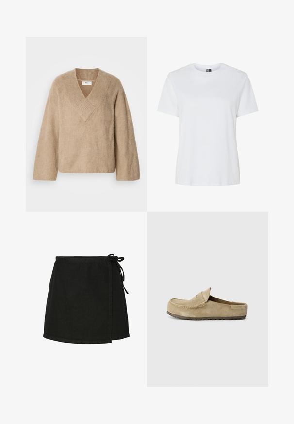 Bēša pūkains adījums ar plašu V veida apkakli un garām piedurknēm, attēlots uz balta fona.; Balts kokvilnas T-krekls ar īsām piedurknēm un apaļu kakla izgriezumu. Gluda tekstūra, brīva piegriezte un bez redzamām rakstām vai akcentiem.; Melna kokvilnas aplokšņu svārki ar saites aizdari, taisnas formas un apmales līdz vidusceļgala. Piedāvā gludu tekstūru un minimālistisku dizainu.; Birkenstock NAPLES WRAPPED LEVE TAUPEN - REGULAR - Iešļūcenes - taupe