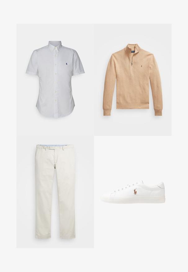Suéter de color beige con cuello de media cremallera, puños y dobladillo acanalados, que presenta una tela texturizada y un pequeño logo en el lado izquierdo del pecho.; Camisa de botones de manga corta blanca, hecha de algodón. Presenta un collar, botones amarillos y un pequeño logo azul en el pecho.; Chinos de algodón color beige con frente plano, presillas para cinturón y bolsillos laterales. Diseño de pierna recta con una textura suave y una sensación ligera y transpirable.; Zapatillas de cuero blancas, diseño de corte bajo, con una textura suave, puntera redonda, cordones en la parte delantera y un pequeño logo bordado en el lateral.