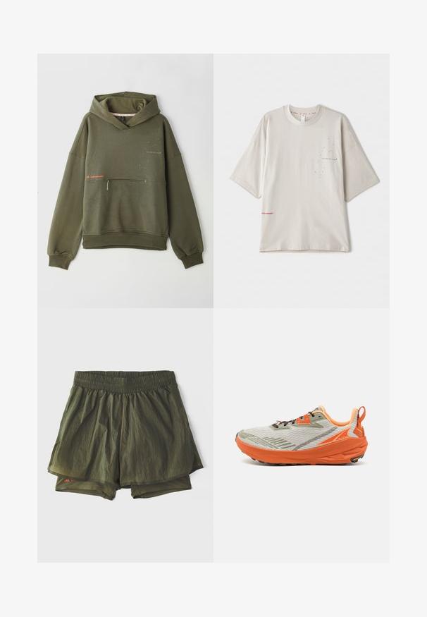 Sudadera verde oliva hecha de una tela suave, con un bolsillo frontal, cuello alto y texto impreso con pequeños acentos de color claro.; Camiseta oversized de color gris claro con mangas cortas, que presenta un pequeño estampado negro en el pecho y un logo rojo en el dobladillo. Material de algodón suave.; Pantalones cortos deportivos de color verde oliva con una cinturilla elástica, forro interior y paneles perforados para ventilación. Diseño ligero y casual.; Altra EXPERIENCE WILD - Zapatillas de trail running - gray/orange