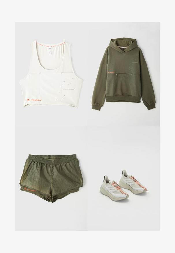 Olīvu zaļš kapucis, kas izgatavots no mīksta auduma, ar priekšējo kabatu, augstu apkakli un drukātiem tekstiem ar maziem gaišas krāsas akcentiem.; Balta sporta krekliņa ar apaļu kakla izgriezumu, ar oranžu zīmola apmalīti un metāliski drukātu tekstu "skrej ar prātu". Iezīmē minimālisma dizaina elementus.; Olīvu zaļas sporta šorti ar elastīgu jostasvietu, iekšējo oderi, perforētām sānu paneļiem un sarkanu logo akcentu.; Gaišas sporta apavi ar fakturētu baltu materiālu augšdaļu, oranžām šņorēm un biezu, mīkstu zoli. Sānos redzams trīs svītru dizains.