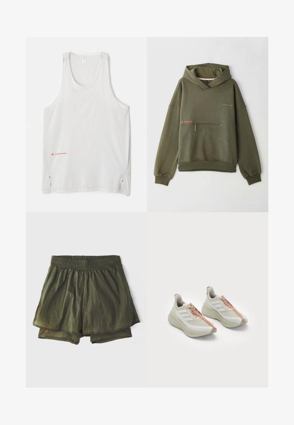 Haut à capuche vert olive en tissu doux, doté d'une poche avant, d'un col haut et d'un texte imprimé avec de petites touches de couleur claire.; Débardeur blanc sans manches en tissu léger, avec des petits motifs en points et des fentes sur les côtés. Logo de la marque en rouge en bas à gauche.; Shorts de sport vert olive avec une taille élastique, doublure intérieure et panneaux perforés pour la ventilation. Design léger et décontracté.; Baskets de sport blanches avec une tige texturée, présentant trois rayures diagonales, des lacets orange et une semelle courbée et rembourrée.