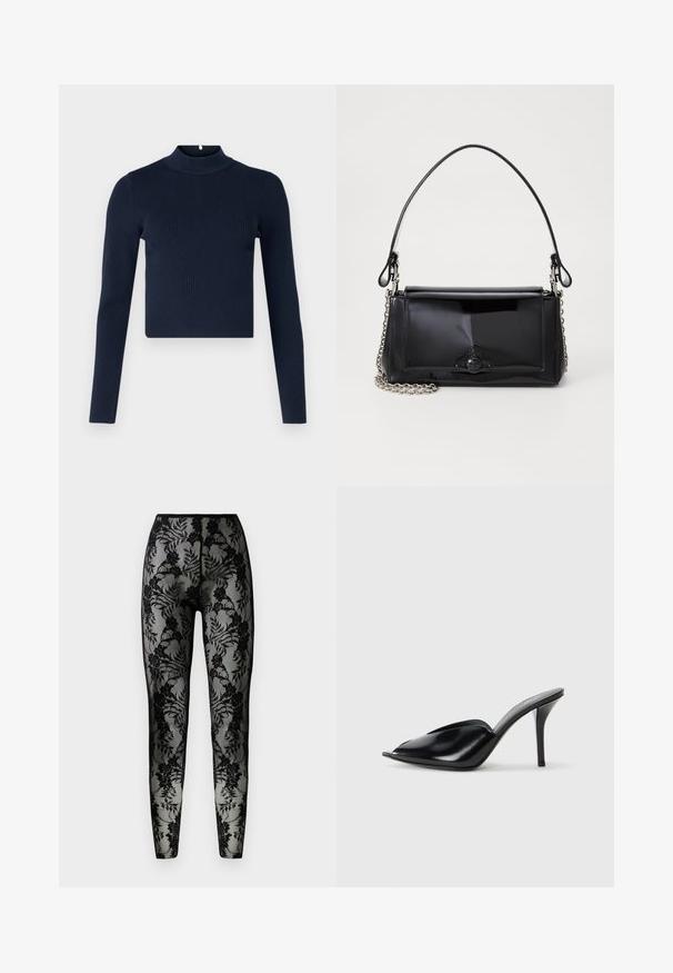 Tengerészkék bordázott, hosszú ujjú felső magas nyakkal és rövidített fazonnal. Texturált anyagból készült, minimalista stílusban.; Fekete csipkebetétes leggings virágmintával, áttetsző anyagból, szoros szabású kivitelben, sima derékpánttal és zárt szegélyekkel.; Fekete bőr, nyitott orrú, hegyes kialakítású, sima textúrájú, és karcsú tűsarokkal rendelkező magassarkú mules.; Fekete lakkbőr kézitáska téglalap alakú, láncos vállpánttal és középen egy jellegzetes fém díszítéssel. Simaszerkezet.