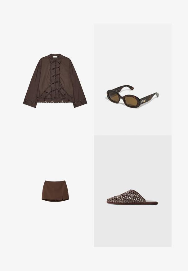 Brun strikket sweater med høj krave, raglanærmer og ribbete tekstur. Løs pasform, med en ensfarvet farve uden mønstre.; Brun langærmet skjorte lavet af bomuld med blomster- og blonderdetaljer foran og i kanten. Har en klassisk krave og en løs pasform.; Brun nederdel lavet af glat stof, med en lige skæring og en sidelæg. Enkelt design uden mønstre eller hardware detaljer.; Brun vævet slide sandal med rundt tådesign, åben konstruktion, flad sål og struktureret overflade. Letvægtsmateriale og minimalistisk silhuet.; Skildpaddemønstret solbriller med ovale stel, brune tonede glas og "Chloé" branding på siden. Glat plastmateriale med blank overflade.; Vævet brun lædertaske med rund form, dobbelt top håndtag og glat tekstur; har diskret syning som designdetalje.