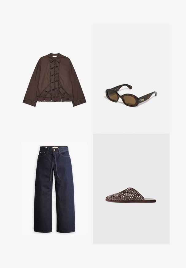 Maglione lavorato a maglia marrone con colletto alto, maniche raglan e una texture a coste. Vestibilità rilassata, caratterizzato da un colore uniforme senza motivi.; Camicia marrone a maniche lunghe in cotone con dettagli in pizzo floreale sulla parte anteriore e sull'orlo. Presenta un colletto classico e un design a vestibilità ampia.; Jeans in denim scuro a gamba larga con vita alta, dotati di un laccio, cinque tasche e dettagli di cucitura a contrasto.; Sandal in tessuto intrecciato marrone con punta arrotondata, design aperto, suola piatta e superficie testurizzata. Materiale leggero e silhouette minimalista.; Occhiali da sole in tartaruga con montatura ovale, lenti di colore marrone e marchio "Chloé" sulla stanghetta. Materiale plastico liscio con finitura lucida.; Borsa a mano in pelle intrecciata marrone con forma arrotondata, doppi manici superiori e texture liscia; presenta cuciture sottili come dettaglio di design.
