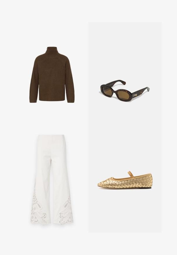 Suéter marrón de punto con un cuello alto, mangas raglán y una textura de canalé. Corte relajado, con un color sólido y sin patrones.; Pantalones de pierna ancha de tela blanca con intrincados patrones de bordado beige y dobladillos con formas de ondas en la parte inferior de las piernas.; Loeffler Randall LEONIE SOFT BALLET FLAT - Bailarinas con hebilla - gold; Gafas de sol carey con montura ovalada, lentes de tinte marrón y la marca "Chloé" en la varilla. Material plástico suave con acabado brillante.; Bolso de mano de cuero marrón tejido con forma redondeada, doble asa superior y textura suave; presenta costuras sutiles como detalle de diseño.