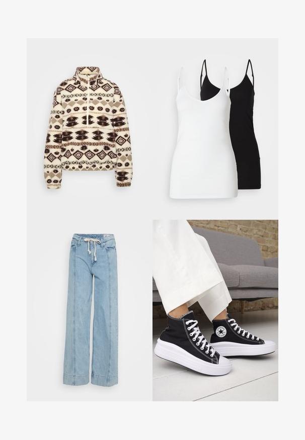 Fleece pullover vaaleassa kermassa, jossa on tummanruskeita ja taupenvärisiä geometrisiä kuvioita, korkea kaulus, puolivetoketju edessä sekä elastiset hihansuut ja helmaväre.; Kaksi naisten toppeja: yksi valkoinen ja yksi musta, pehmeästä kankaasta valmistettu, ohuilla olkaimilla ja syvällä V-leikkauksella.; Vaaleansiniset leveälahkeiset farkut, jotka on valmistettu denimsistä. Omaavat nyörivyön, hillityt ompeluseikat ja käännetyt lahkeet.; Mustat korkeavartiset tennarit, joissa valkoiset kumipohjat ja nauhat. Koristettu pyöreällä logotarralla ja valkoisilla kontrastisaumoilla. Materiaali on canvas.