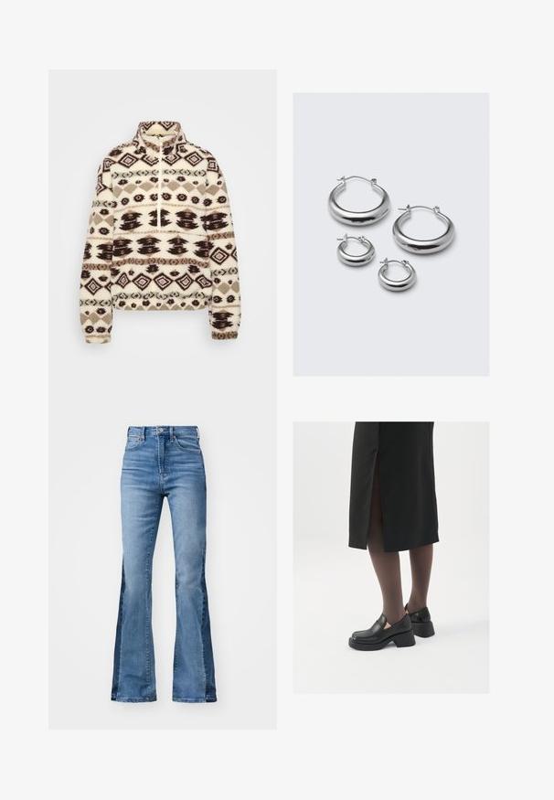Fleece pullover in cream with dark brown and taupe geometric patterns, high collar, half-zip front, and elasticized cuffs and hem.; Two women’s tank tops: one white and one black, made of soft fabric, featuring thin straps and a deep V-neck design.; Gap Tall 70S - Flared Jeans - medium indigo; Black leather shoes with a rounded toe, thick block heel, and elastic side accents, paired with dark tights and a black skirt with a slit.; Four pairs of silver hoop earrings in varying sizes: large smooth circles and smaller rounded styles with a polished finish and simple clasps.