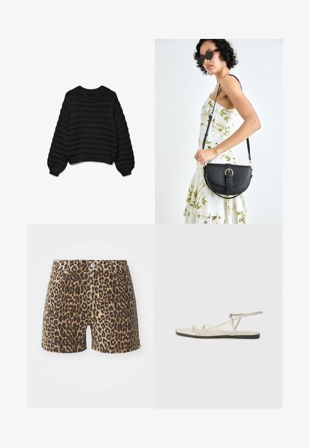 Melnas adītas džemperis ar viļņotu dizainu, ar apaļu kakla izgriezumu un garām piedurknēm. Iekļauj ribotas piedurknes un apakšgali, veidojot teksturētu izskatu.; Leparddrukas šorti smilškrāsas un brūnās nokrāsās, ar kabatām, pogu aizdari un pieguļošu dizainu. Izgatavoti no viegla auduma.; Bežīgas plakanas čības ar vairākiem plāniem siksniņām un regulējamu sprādzi. Zole ir plakana ar nelielu tumšu kontrastu malā.; Melnas ādas rokassoma ar izliekta formu, noņemamu siksnu un zelta aksesuāriem. Somai ir vāciņš ar sprādzes detaļu.