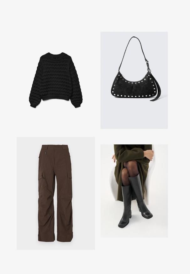 Schwarzer Strickpullover mit wellenförmigem Design, rundem Halsausschnitt und langen Ärmeln. Merkmale sind gerippte Bündchen und Saum für ein strukturiertes Erscheinungsbild.; Braune Cargo-Hose mit geradem Schnitt, aus einem strapazierfähigen Stoff gefertigt. Verfügt über mehrere Taschen und ein sicheres Bunddesign.; Knöchelhöhe schwarze Lederstiefel mit quadrater Spitze und Blockabsatz, gezeigt mit einem Modell, das einen olivgrünen Mantel trägt. Glatte Textur, minimale Details.; Schwarze Tasche aus Kunstleder mit einer geschwungenen Form, akzentuiert durch runde Metallnieten entlang der Kante, mit einem Reißverschluss und einem langen Tragegurt.