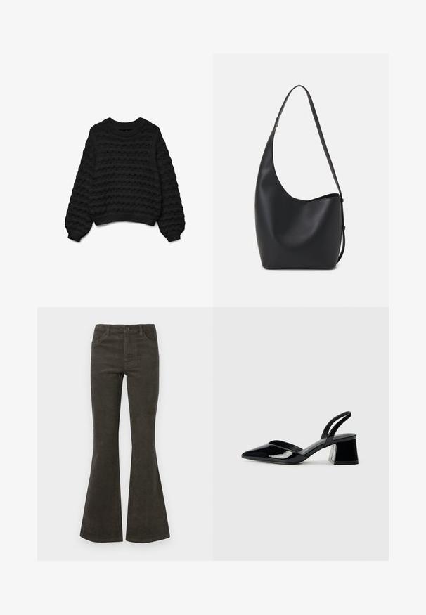 Schwarzer Strickpullover mit wellenförmigem Design, rundem Halsausschnitt und langen Ärmeln. Merkmale sind gerippte Bündchen und Saum für ein strukturiertes Erscheinungsbild.; Schmale Cordhosen in dunkelolivgrün, mit Knopf- und Reißverschluss, fünf Taschen und subtiler Ripptextur.; Schwarze Lackleder-Slingback-High Heels mit spitzem Schuh und einem geometrischen Blockabsatz. Verfügt über ein schlankes, minimalistisches Design und eine glatte Textur.; Schwarze Leder-Hobo-Tasche mit einer glatten Textur, geschwungener Form und einem einzelnen verstellbaren Tragegurt; verfügt über eine weite Öffnung am oberen Ende.