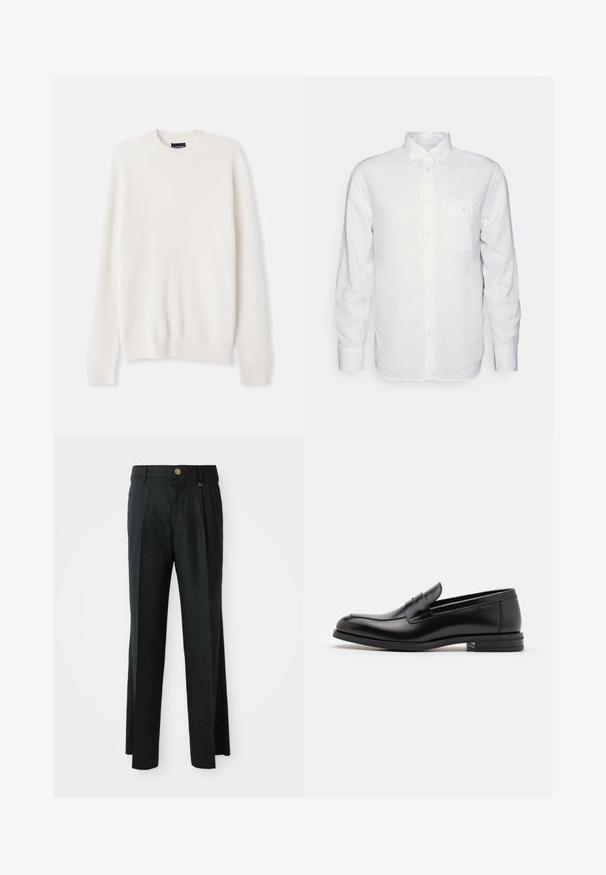 White ribbed knit sweater with a crew neckline and long sleeves. Features a small logo embroidery on the chest. Soft texture, fitted design.; Long-sleeve white shirt made of cotton, featuring a button-down collar, front pocket, and regular fit. Textured fabric with a smooth surface.; Dark gray trousers with a flat front and pleats, featuring a golden button and zipper closure, made from a textured wool blend fabric.; Black leather loafers with a smooth texture, rounded toe, and a decorative strap across the vamp. Low stacked heel, minimalist design.