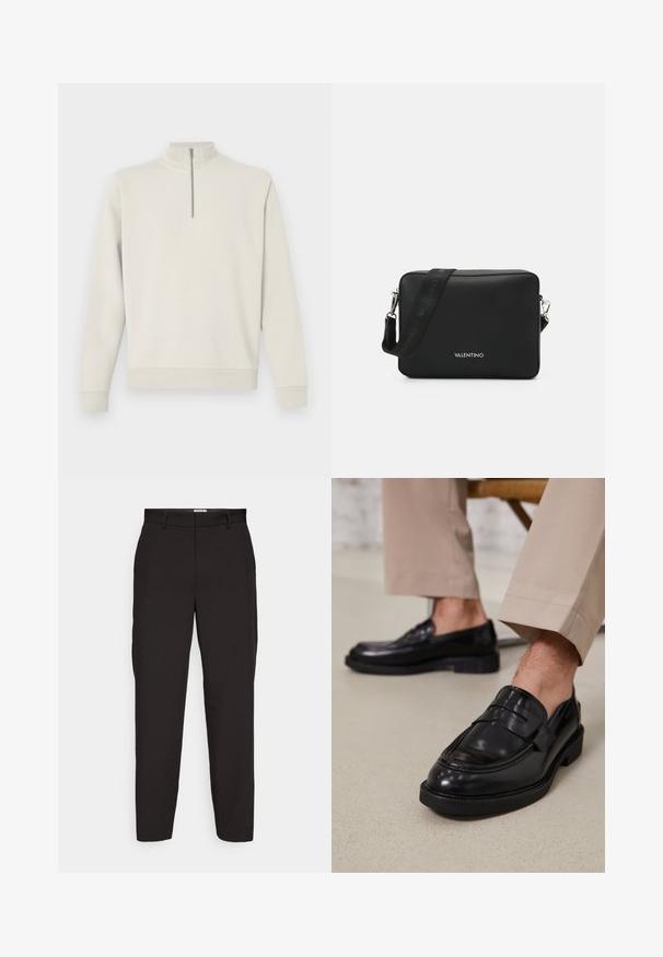 Langärmliger, off-white Pullover mit einem Viertelreißverschluss und hohem Kragen, gerippten Bündchen und Saum, auf einem schlichten Hintergrund präsentiert.; Schwarze Hosen aus glattem Stoff mit geradem Bein, Gürtelschlaufen und Seitentaschen. Keine sichtbaren Muster oder Beschläge.; Schwarze Lederloafers mit glatter Oberfläche, ausgestattet mit einem dekorativen Riemen und Kontrastnähten, kombiniert mit beigen Hosen.; Schwarze rechteckige Umhängetasche aus strukturiertem Material, ausgestattet mit einem silbernen Hardware-Verschluss und einem verstellbaren Tragegurt mit Logo.