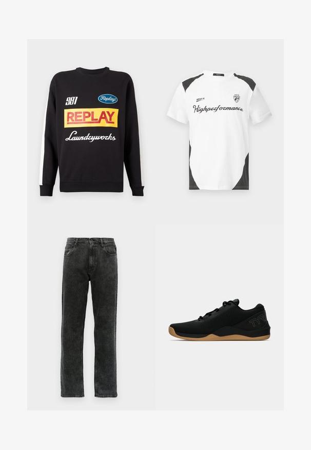 Felpa nera con colletto a girocollo e strisce bianche sulle maniche, con i loghi testuali "Replay" e "Laundryworks" multicolore sul davanti.; T-shirt bianca a maniche corte con dettagli neri. Presenta il logo "REPLAY FC" e il testo "Highperformance" in un font sportivo. Realizzata in un materiale liscio.; Jeans in denim nero con un taglio dritto, dotati di cinque tasche, chiusura a bottone e leggere sfumature lungo il tessuto.; Scarpe da ginnastica nere con una tomaia in mesh testurizzato, design con lacci e suola in gomma. Presentano un sottile marchio blu sul tallone.