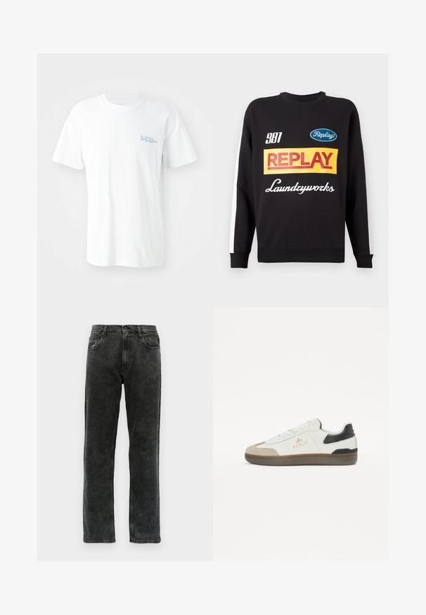 Sudadera negra de cuello redondo con rayas blancas en las mangas, que presenta logotipos de texto multicolores "Replay" y "Laundryworks" en la parte delantera.; Camiseta de algodón blanca con mangas cortas. Cuenta con un logo impreso en azul claro que dice "LEE" en el lado izquierdo del pecho. Cuello redondo, corte estándar.; Vaqueros de mezclilla negra con corte recto, que cuentan con cinco bolsillos, un cierre de botón y un ligero desgaste a lo largo de la tela.; Zapatilla en blanco y negro hecha de cuero y ante, con puntera redondeada, suela texturizada, logo dorado y acento de talón en contraste.